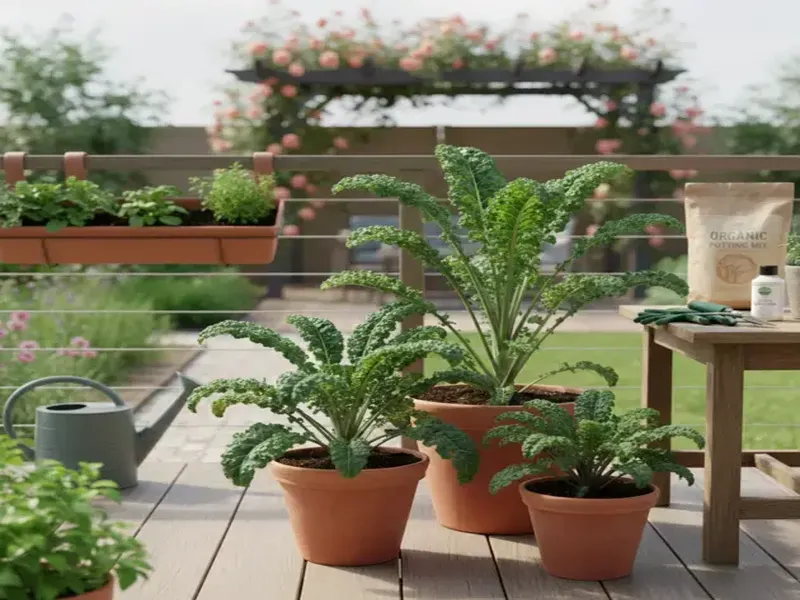Kale Plants with other plants in pots and in  containers are looking in an open area of a home garden. A table with gardening used material is also looking in the image