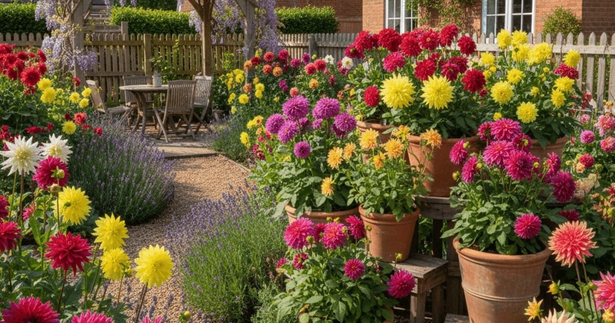 Grow dahlias at home with other plants. plants are growing in pots in side area of a home.
