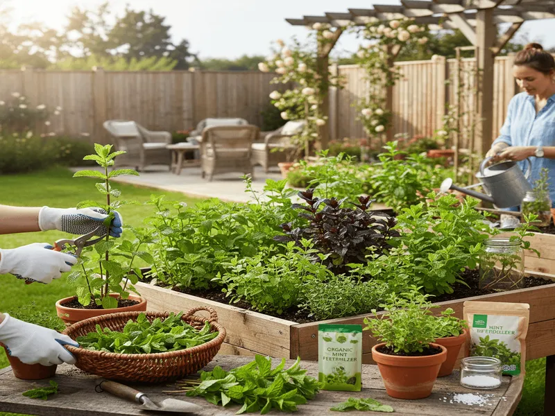 How to Grow Mint at Home. Many of mint plants in containers in home open area with a lady.