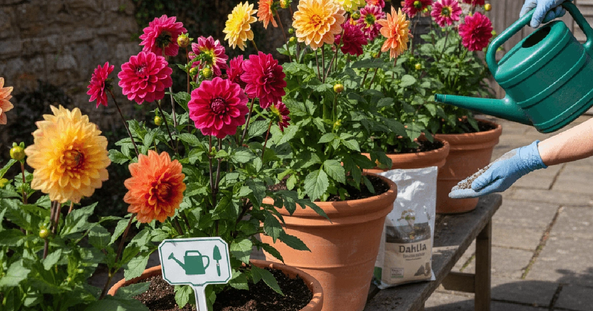 Dahlia plants are being feeded with minerals and fertilized.