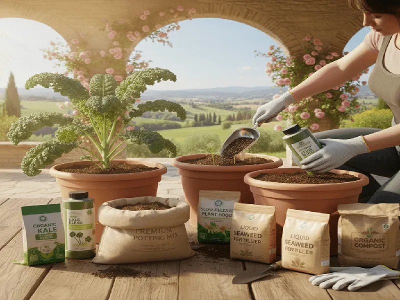 Kale plants, soil, fertilizers of different types are here in the image.