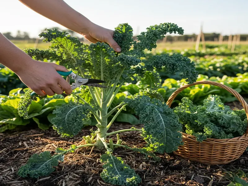 harvesting of kale plants with cutter.