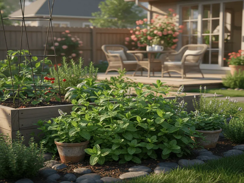 mint plants in wooden beds and other containers with other plants and grown in home backyard.