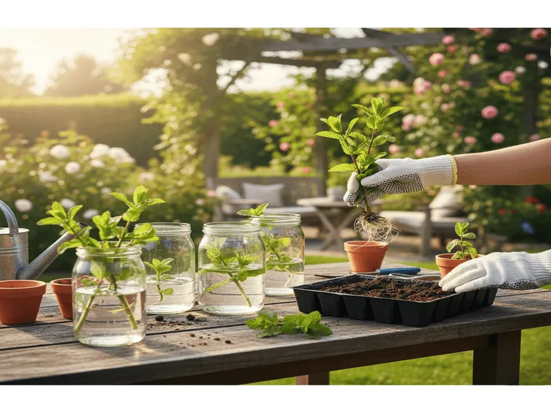 Mint plants are being propagated. Glass Bottles and mint plants.