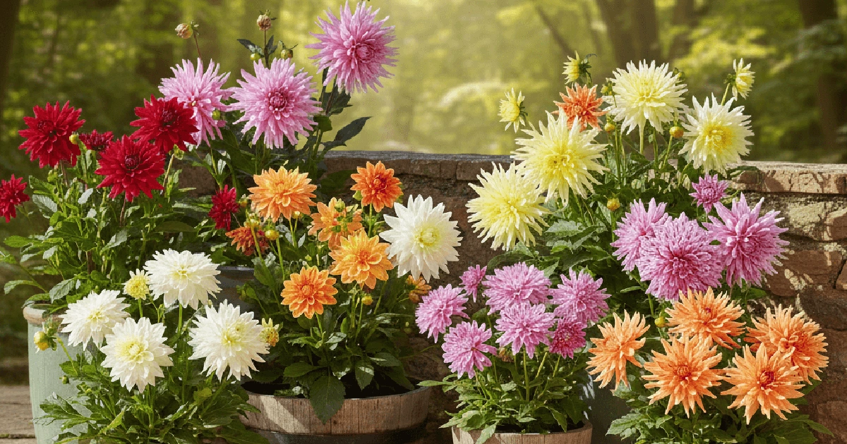 Different types of dahlia plants in containers and in open area of home.