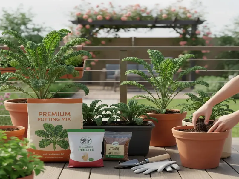 soil. potting mix, containers, kale plants are in the home garden.