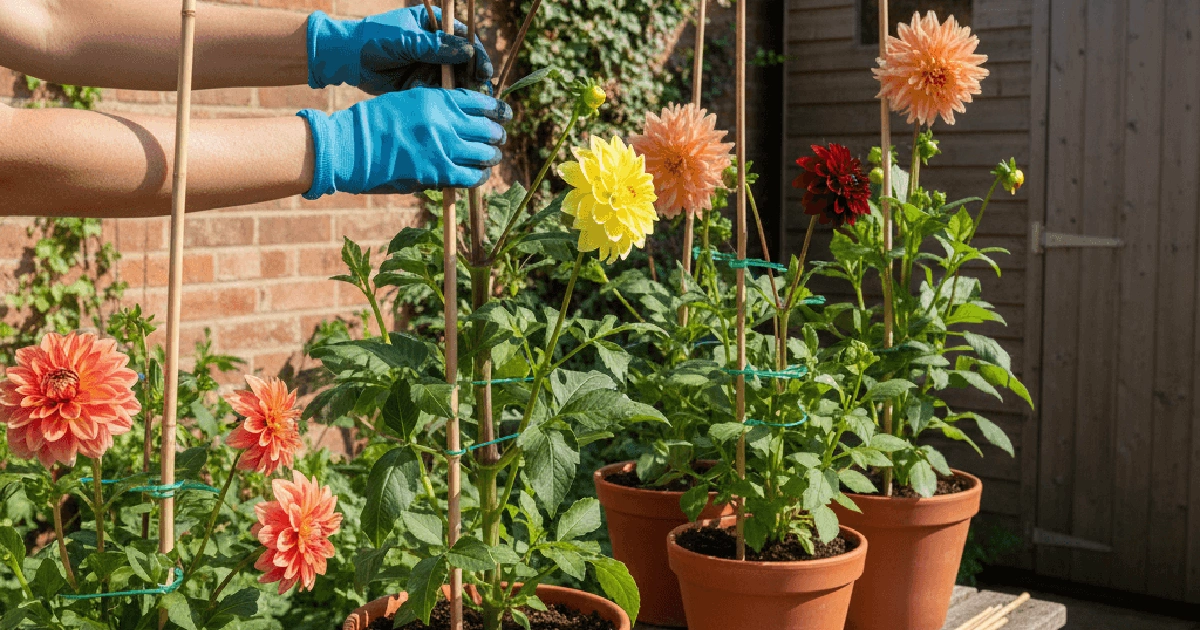 Sticks are fixing to support and stalk the dahlia plants.