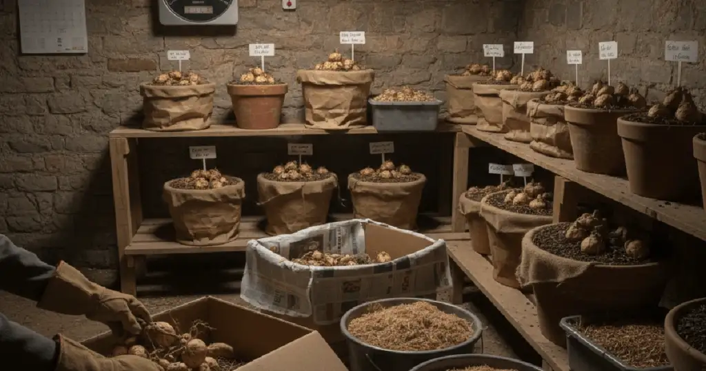 Dahlia tubers are stored in a room. 