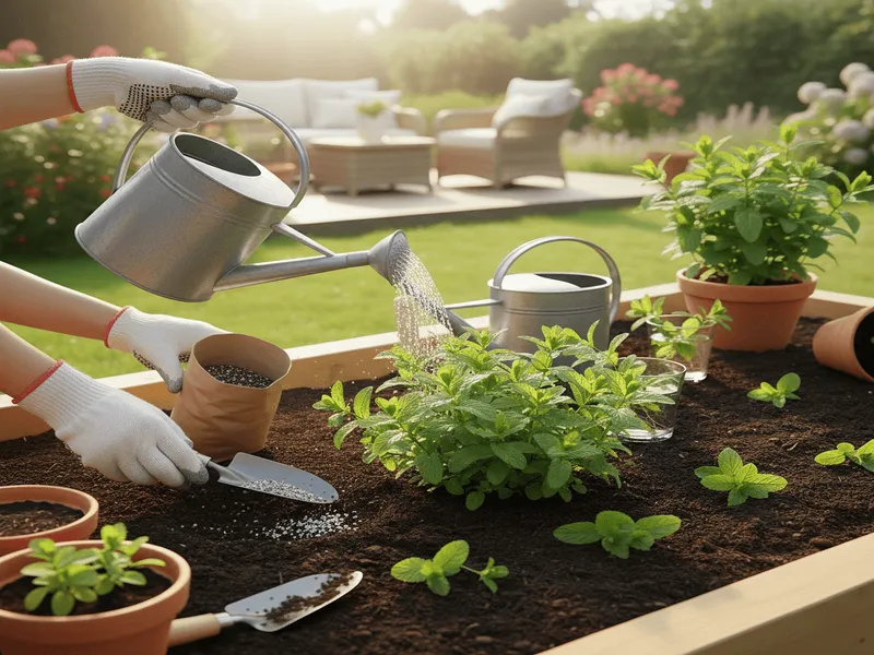 Mint plants are being watered with can. Fertilizers are being given to the plants.