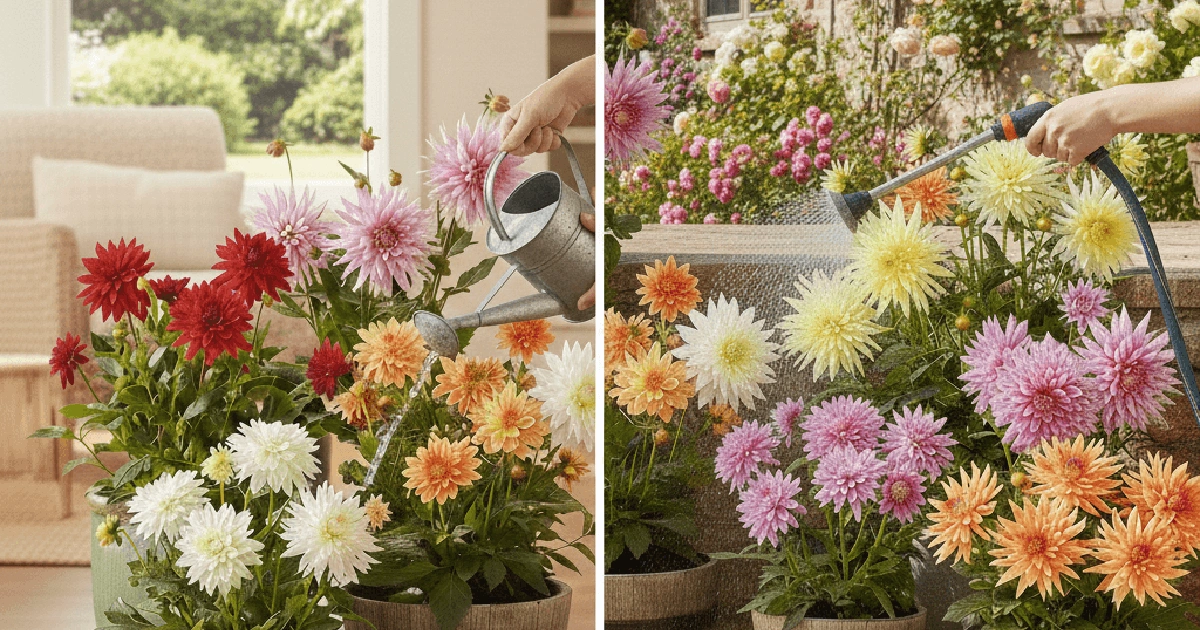 Dahlia plants are given water.